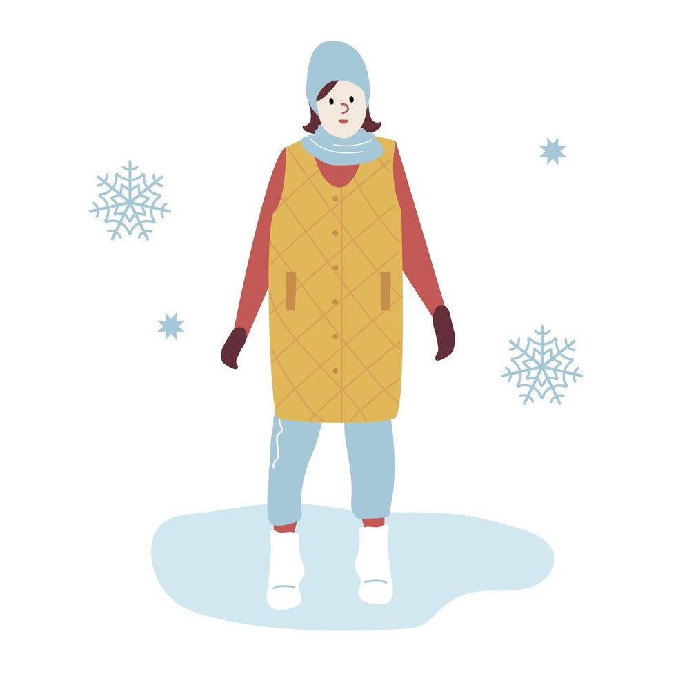 mujer en un paseo de invierno en ropa de abrigo de moda. chica en ropa de invierno abrigada entre copos de nieve caminando en el parque. ilustración vectorial en estilo plano aislado sobre fondo blanco vector