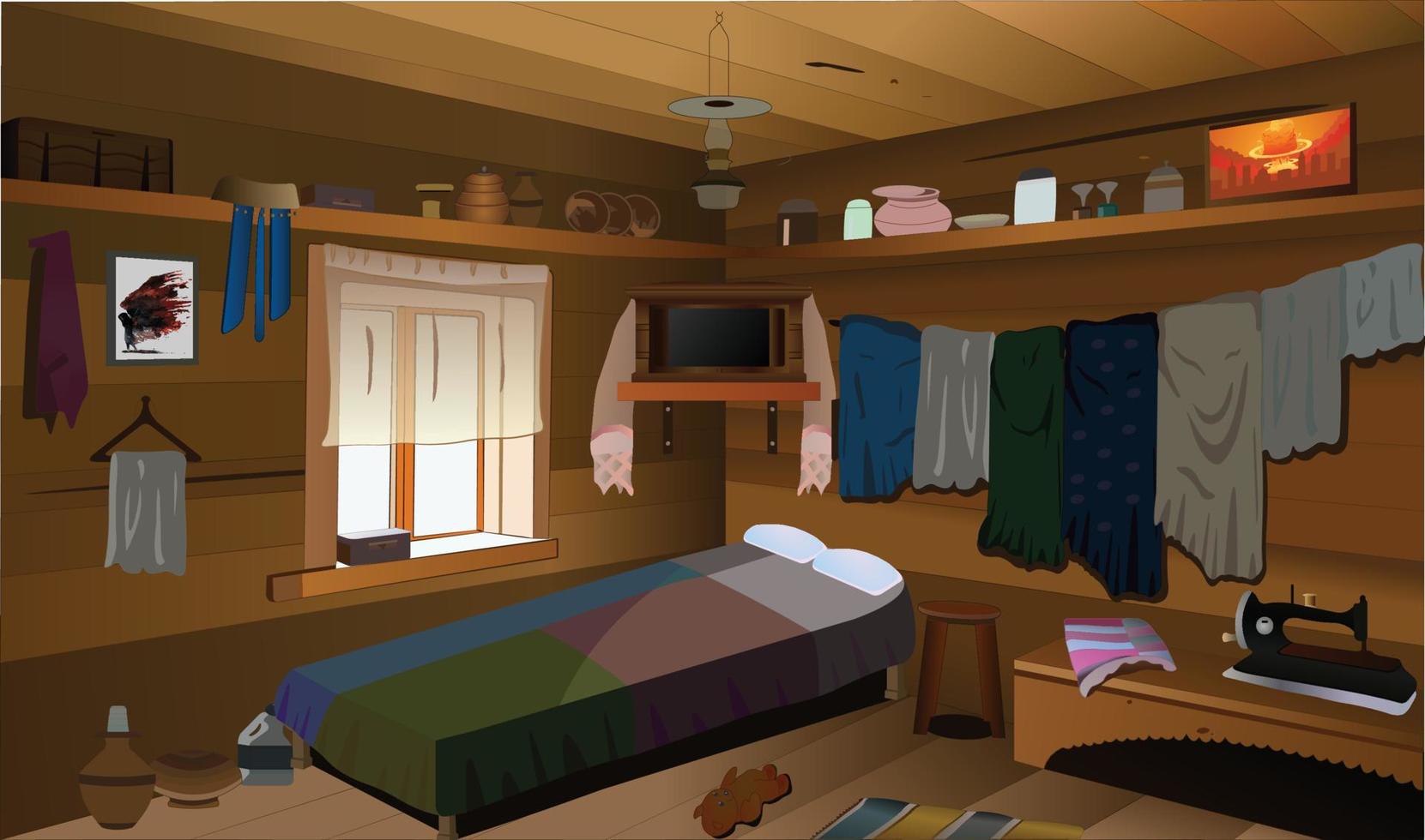 Village room inside vector, poor room vector old interior illustration.