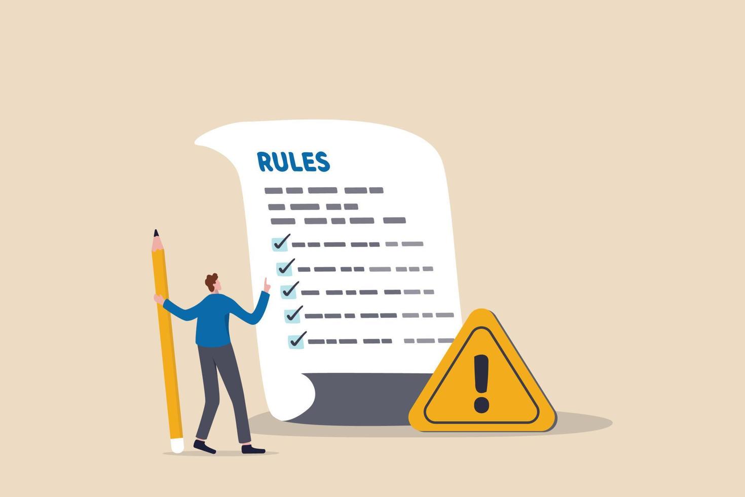 Rules and regulations, policy and guideline for employee to follow, legal term, corporate compliance or laws, standard procedure concept, businessman finish writing rules and regulations document. vector