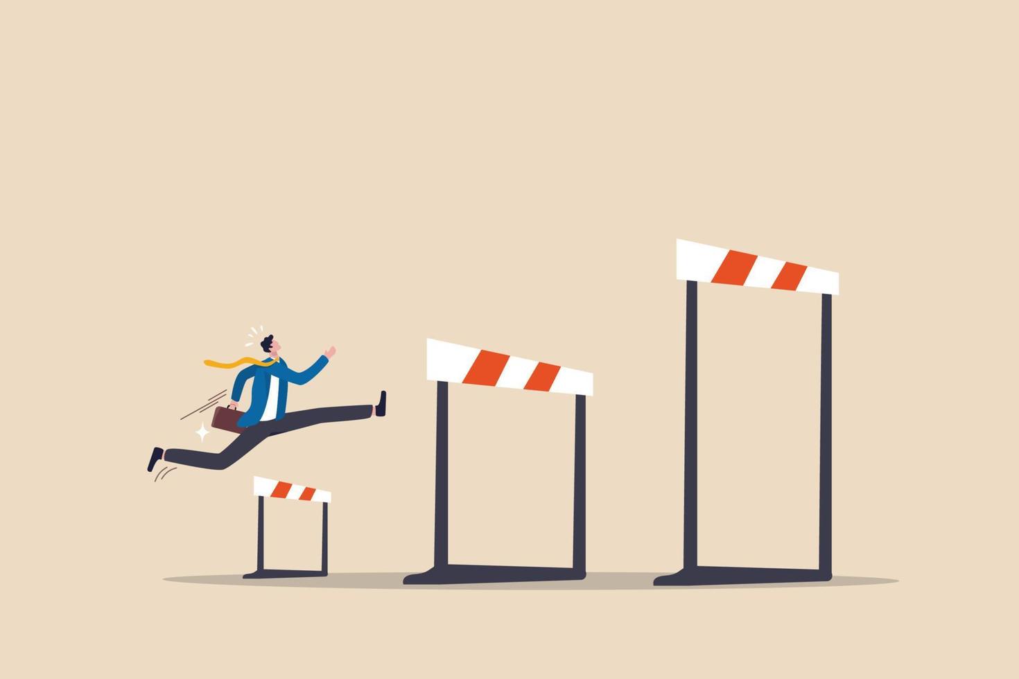 Business challenge, overcome difficulty or obstacle to achieve business success, effort, skill or aspiration to solve problem concept, ambitious businessman jump over hurdles to find higher obstacles. vector