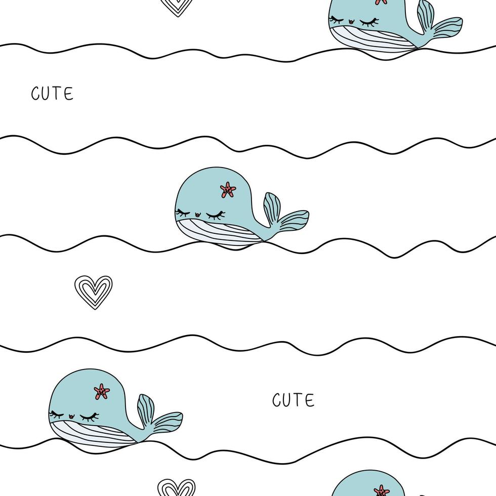 Cute doodle baby whale text white seamless pattern minimalist hand drawn hearts. Summer texture, textiles, children wallpaper. vector