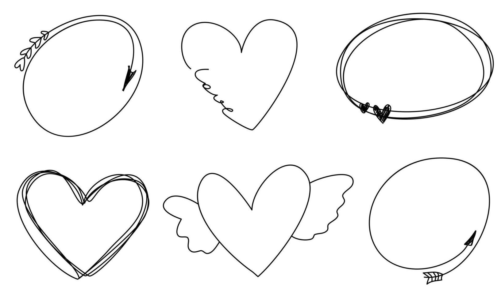 Cute doodle hearts frames with love arrows for a wedding invitation. Line vector illustrations hand drawn collection.