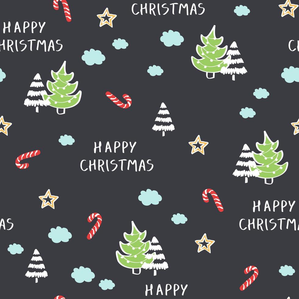 Black seamless pattern with Christmas trees lines and doodle stars and clouds. Winter texture, textiles merry xmas, children wallpaper. vector