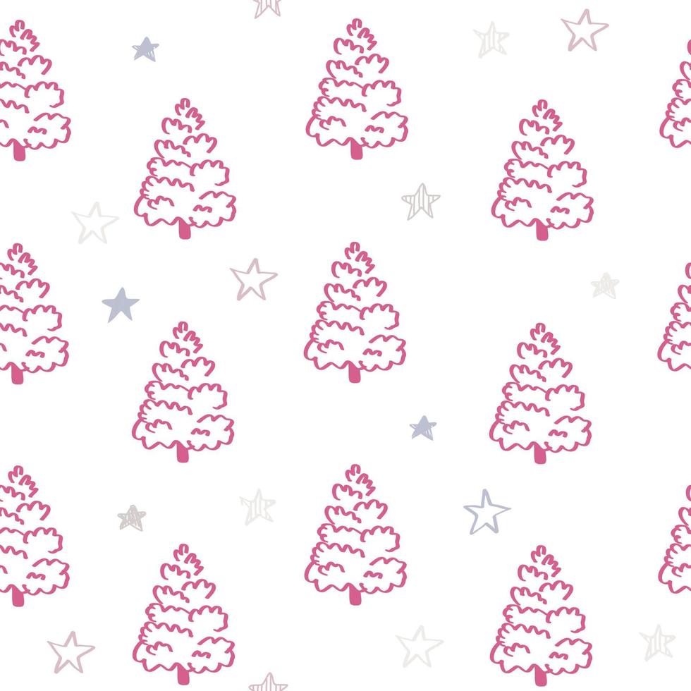 White seamless pattern with pink Christmas tree lines and doodle stars. Winter texture, textiles, children wallpaper. vector