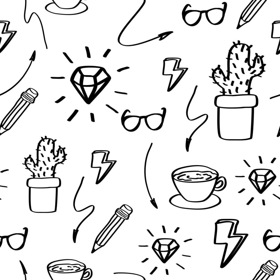 Doodle idea line arrows, glasses, cactus, cup, coffee time, zipper, diamond, pencil hand drawn. Sketch set cute isolated seamless pattern for office. vector