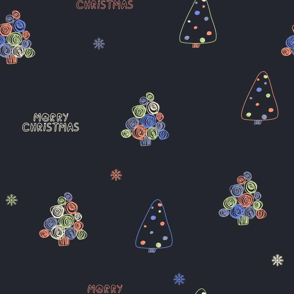 Black seamless pattern with multicolored Christmas trees lines and doodle stars. Winter texture, textiles merry xmas, children wallpaper. vector
