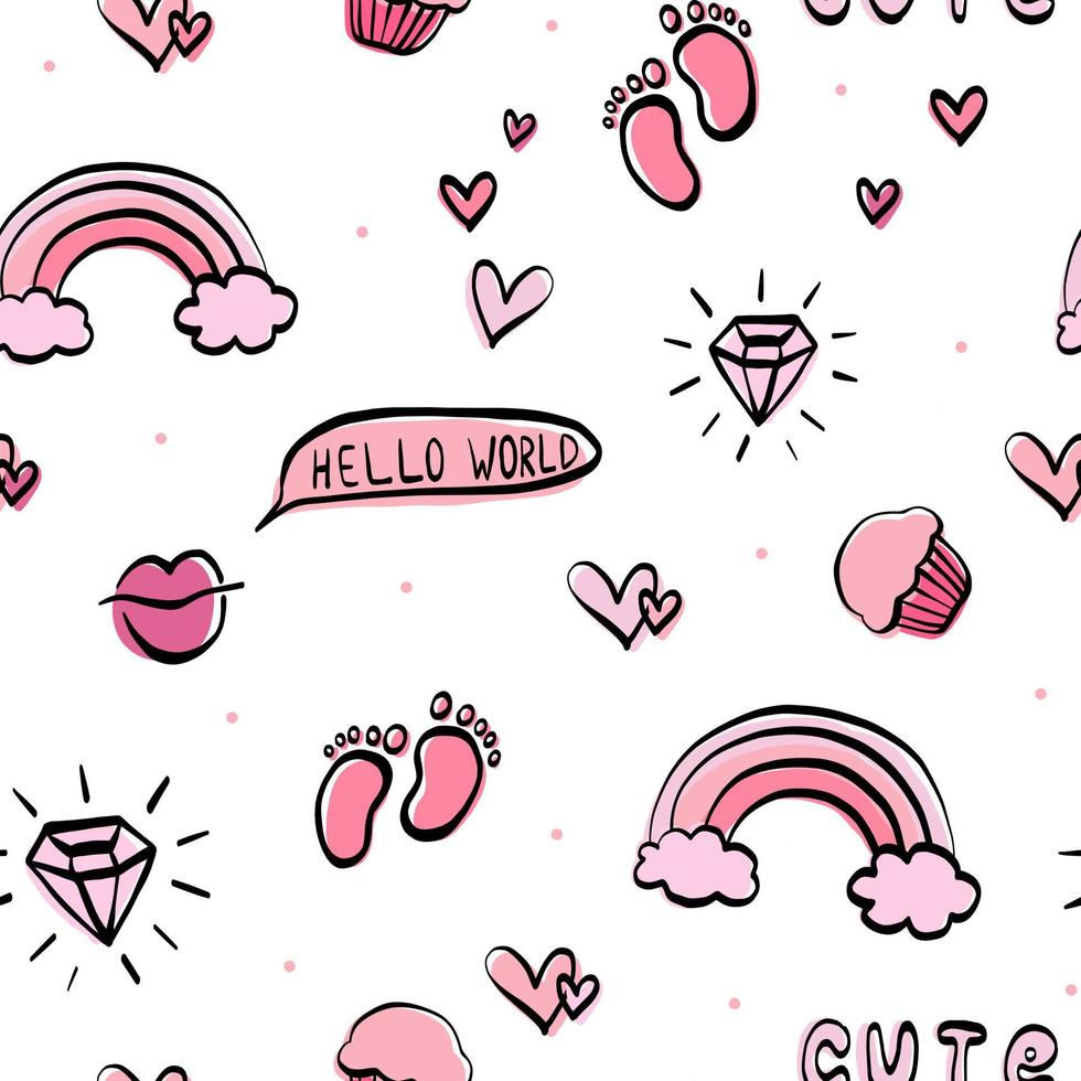 Dibujado a mano lindo doodle con arco iris rosa, diamante, niña, huellas, cupcake, corazones blanco patrón de amor sin fisuras. para san valentin, bodas. vector