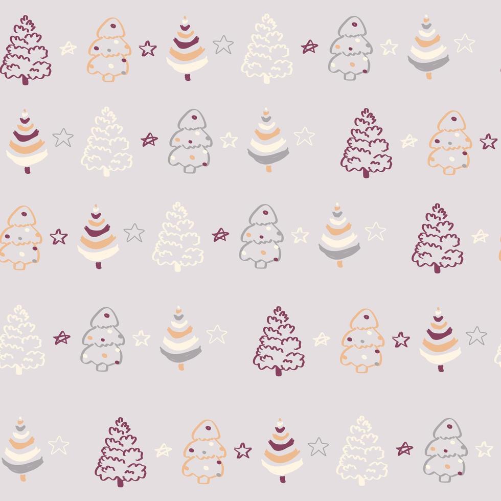 Grey seamless pattern with yellow pink white Christmas tree lines and doodle stars. Winter texture, textiles, children wallpaper. vector