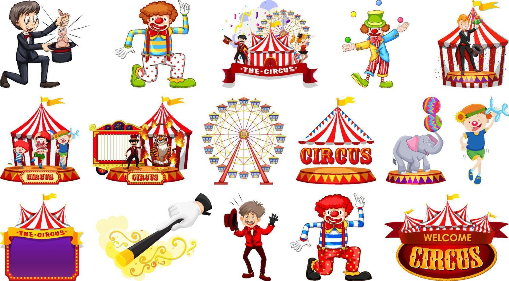 conjunto de personajes de circo y elementos del parque de atracciones. vector