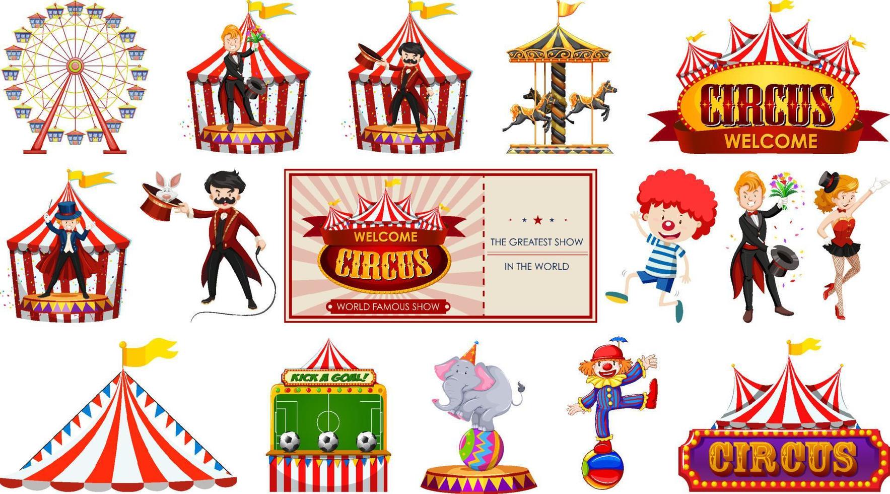 conjunto de personajes de circo y elementos del parque de atracciones. vector