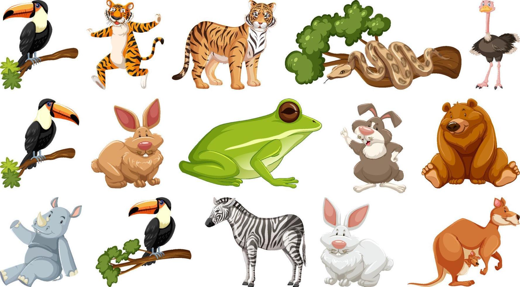 Set of different wild animals cartoon characters vector