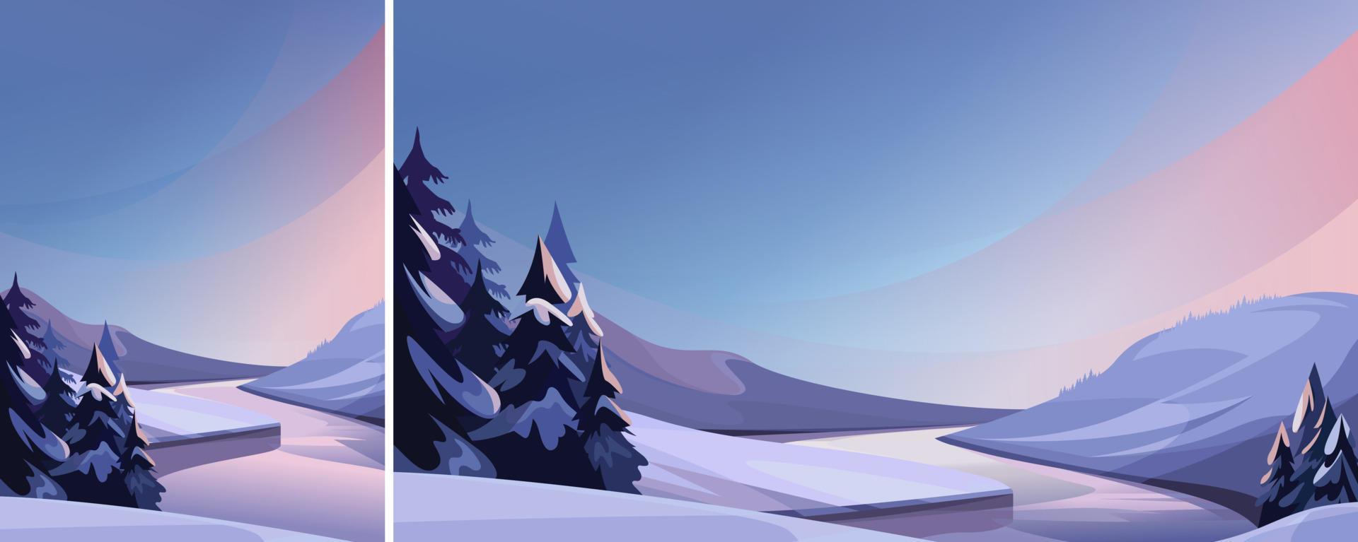 Frozen river in the evening. Winter scenery in different formats. vector