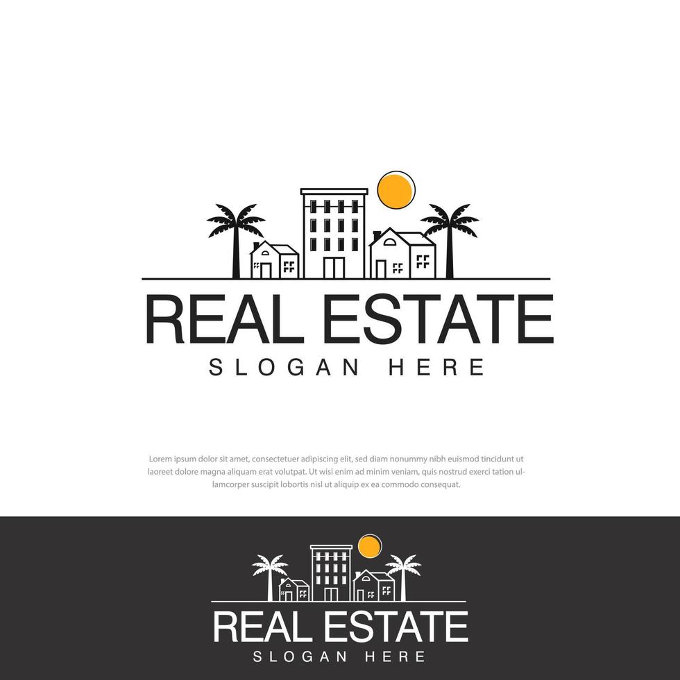 Real estate vector logo design, cute house with lines, sun, coconut trees, beach, unique and relaxing, templates, icons, symbols, illustrations