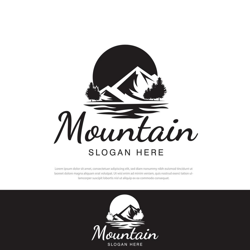 Hills Landscape,trees,sun,Mountain Peak River Creek Simple logo design Vector