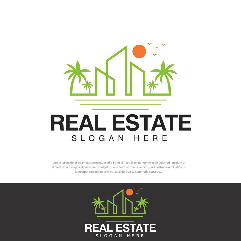 Real estate vector logo design, house with outline, sun, coconut tree, beach, unique and relaxing, template, icon, symbol, illustration