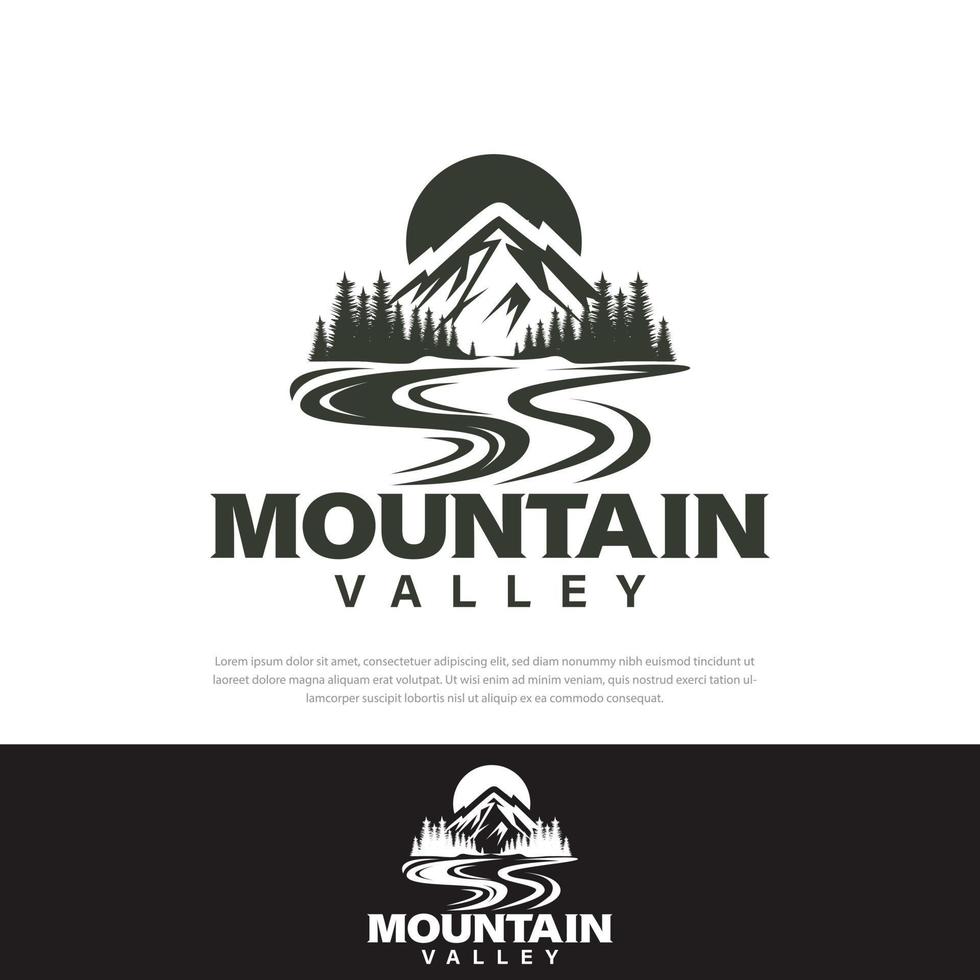 diseño de logotipo simple picos y valles de montañas, ríos, plantillas de árboles, ilustraciones de logotipos de montañas vector
