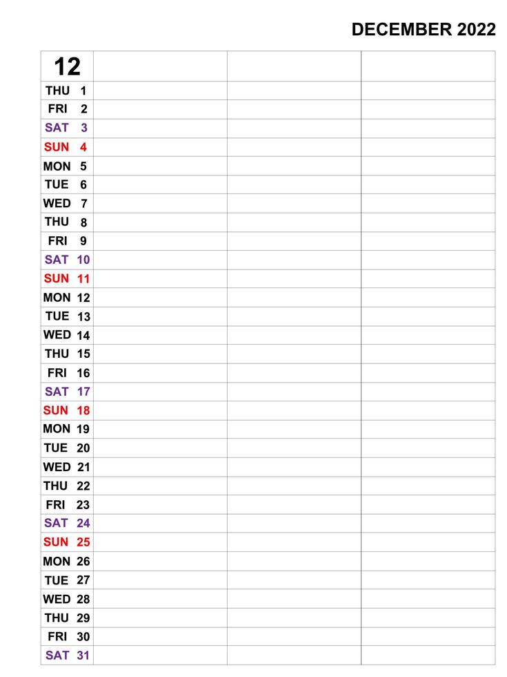 diciembre de 2022, diseño de plantilla de calendario para notas y planificador mensual de negocios. vector