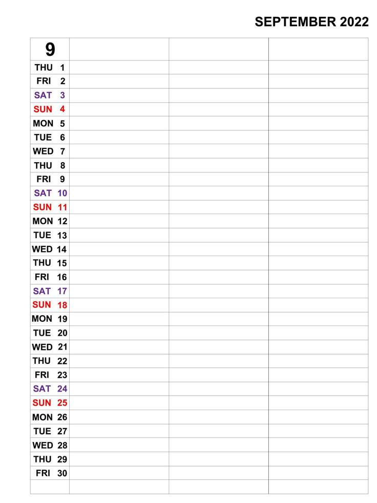 September 2022 ,Calendar template design for Business monthly planner and notes. vector