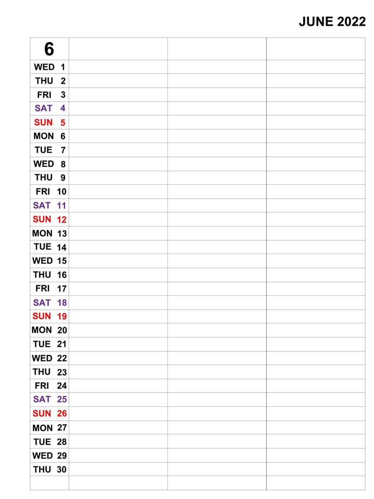 June 2022 ,Calendar template design for Business monthly planner and notes. vector