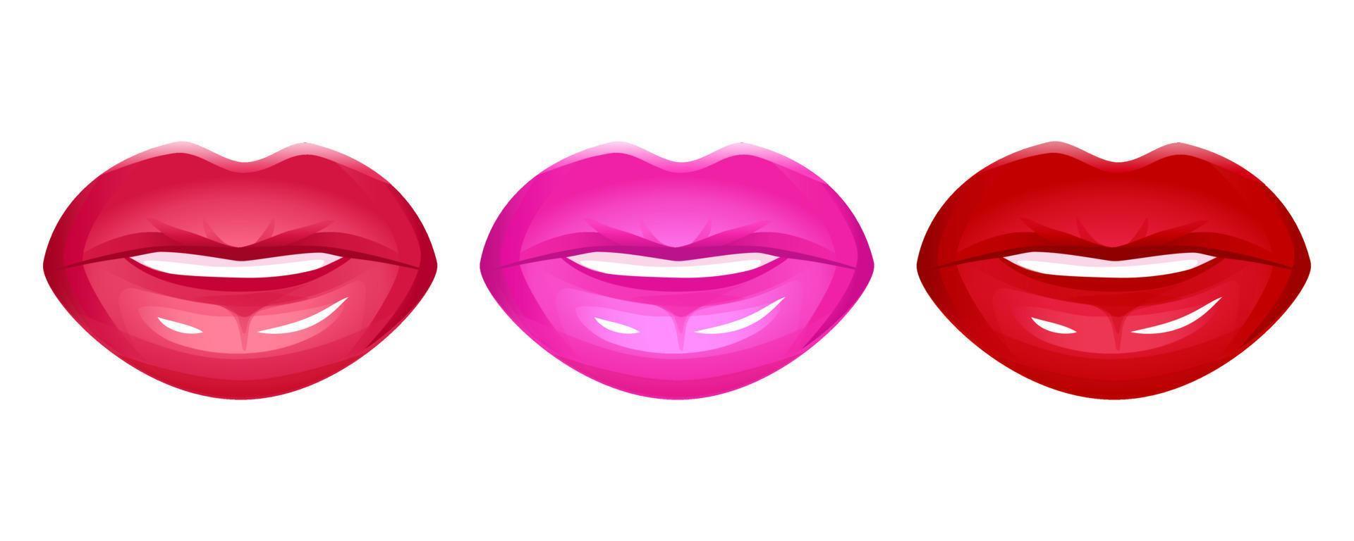 conjunto de iconos de vector de labios realistas aislado en blanco. mujeres boca 3d, lápiz labial rojo brillante brillante. Ilustración de glamour de moda.