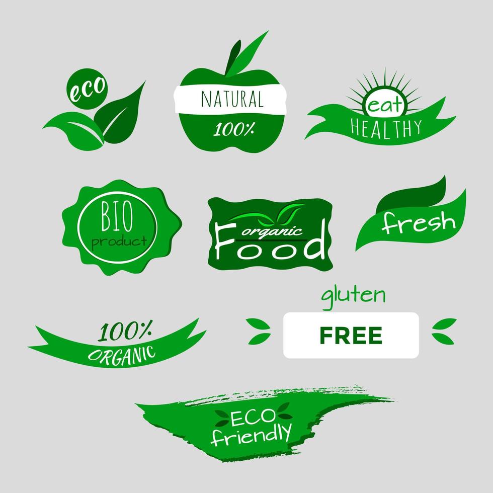 Collection of green isolated stamps flat icons set eco friendly bio product healthy fresh food organic label tag stickers vector