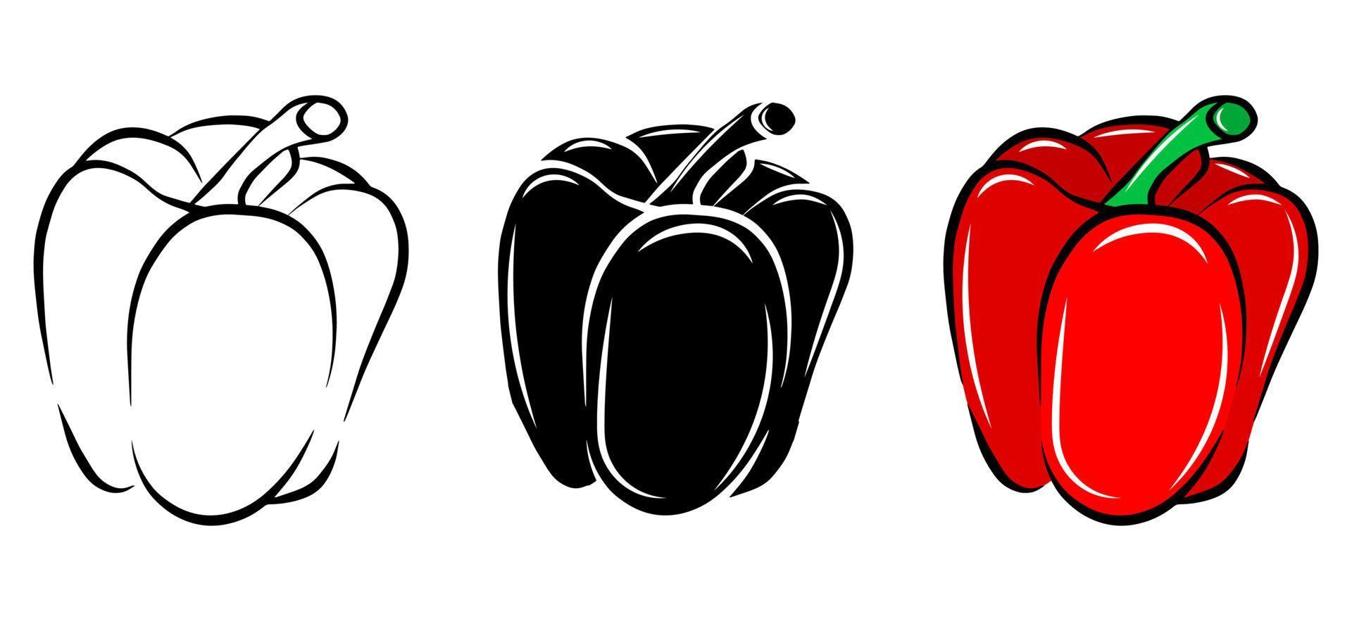 icono de vector aislado de pimiento rojo. Conjunto de bocetos de dibujos animados de alimentos frescos vegetales. elemento de diseño de logotipo de paquete. granja de alimentos naturales y saludables. planta orgánica vegana. plantilla de emblema simple. símbolo gráfico.