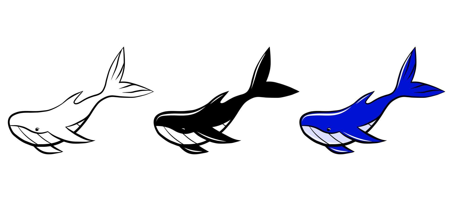 conjunto de iconos de vector azul ballena. elemento de diseño de logotipo gráfico aislado. animal de fauna marina acuática. Doodle plantilla de dibujo monocromo. etiqueta engomada del bosquejo del esquema. página para colorear para niños. lindo habitante del océano.