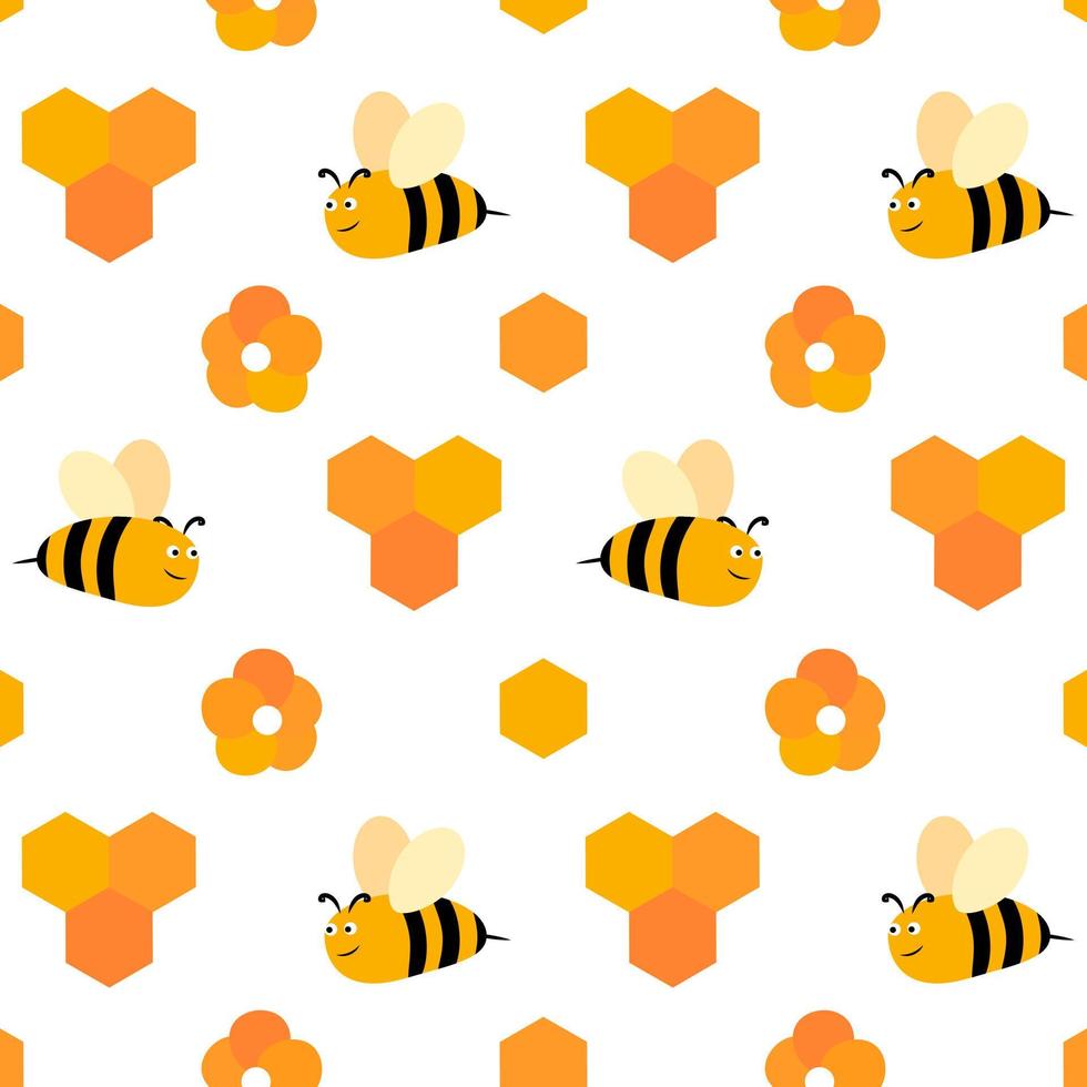 Bee honey seamless pattern flat textile print fun illustration for kids propolis flower orange colorful vector
