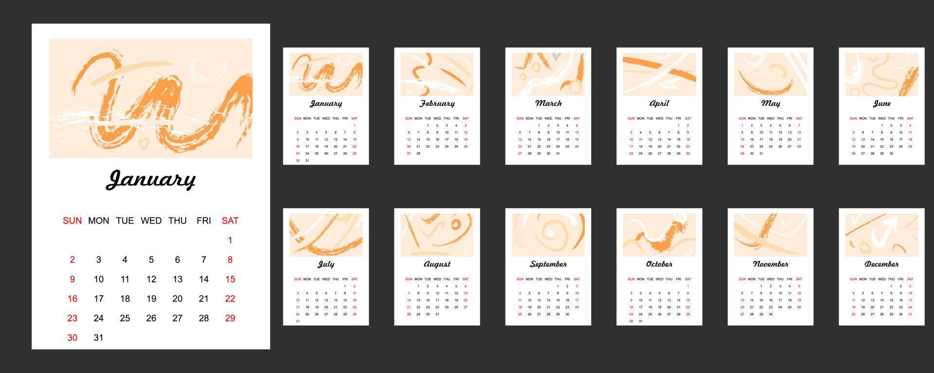 2022 año americano semana calendario plantilla resumen negro organizador vector planificador mensual fecha pincel textura diseño gráfico
