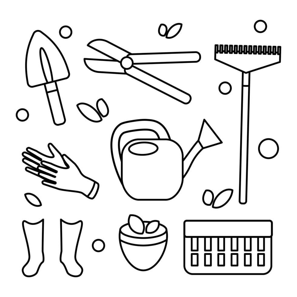 Gardening tools icon set vector graphic equipment outline doodle collection flat line art drawing rake gloves rubber boots shovel pot watering can farm hobby spring season