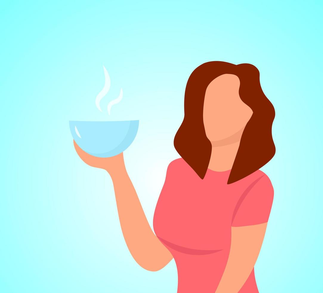 Mujer joven con tazón de gachas de avena en la mano, concepto de desayuno de ilustración plana colorida vector