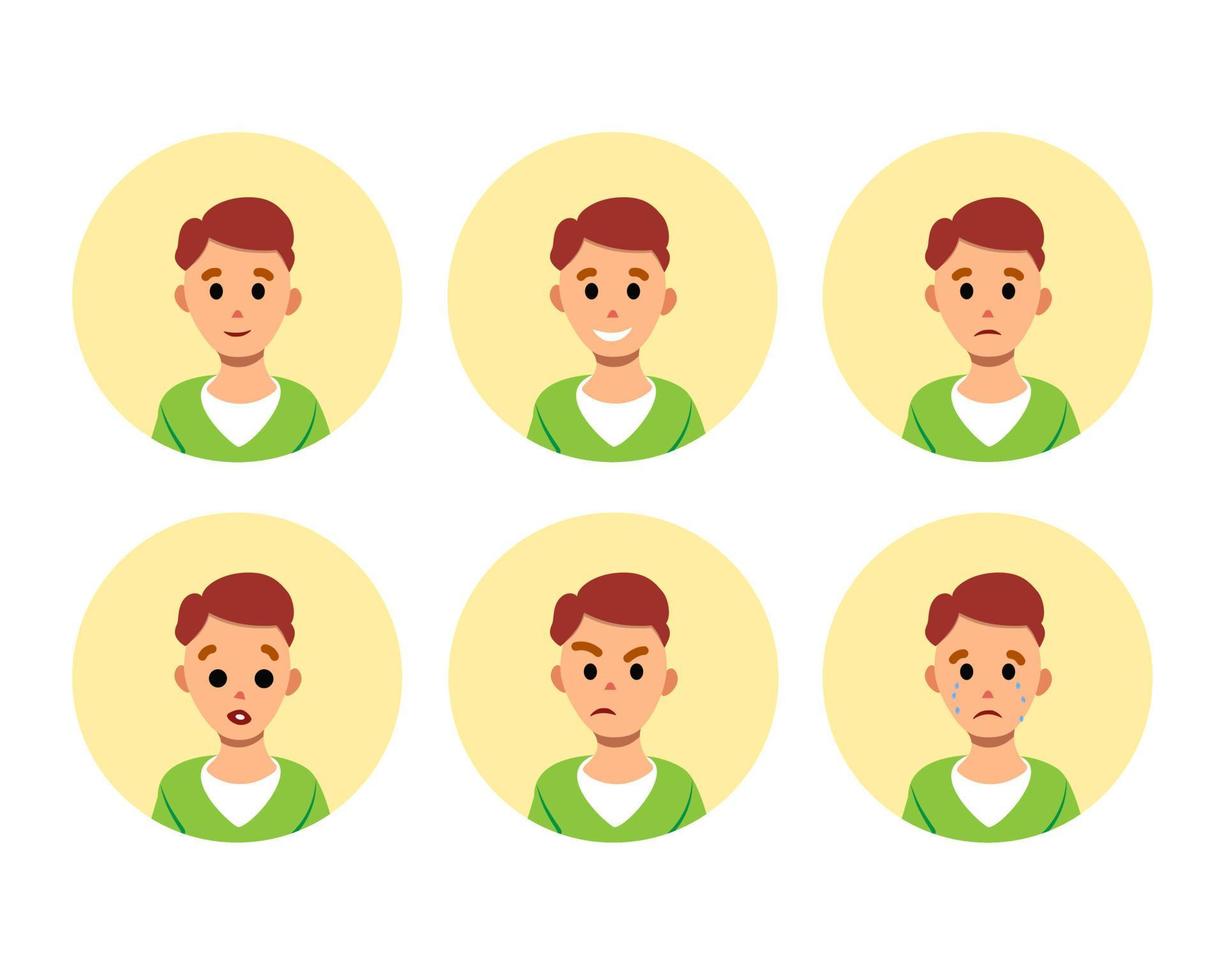 Boy emotion set, flat vector avatar, colorful character crying, smiling, angry, disappointed, surprised, confused, upset, emoji illustration template. Adult man face.