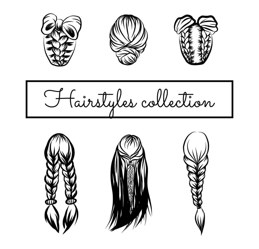peinado conjunto de iconos negro dibujo de contorno gráfico garabato ilustración vectorial belleza moda mujeres cabello trenza bollo boceto vector