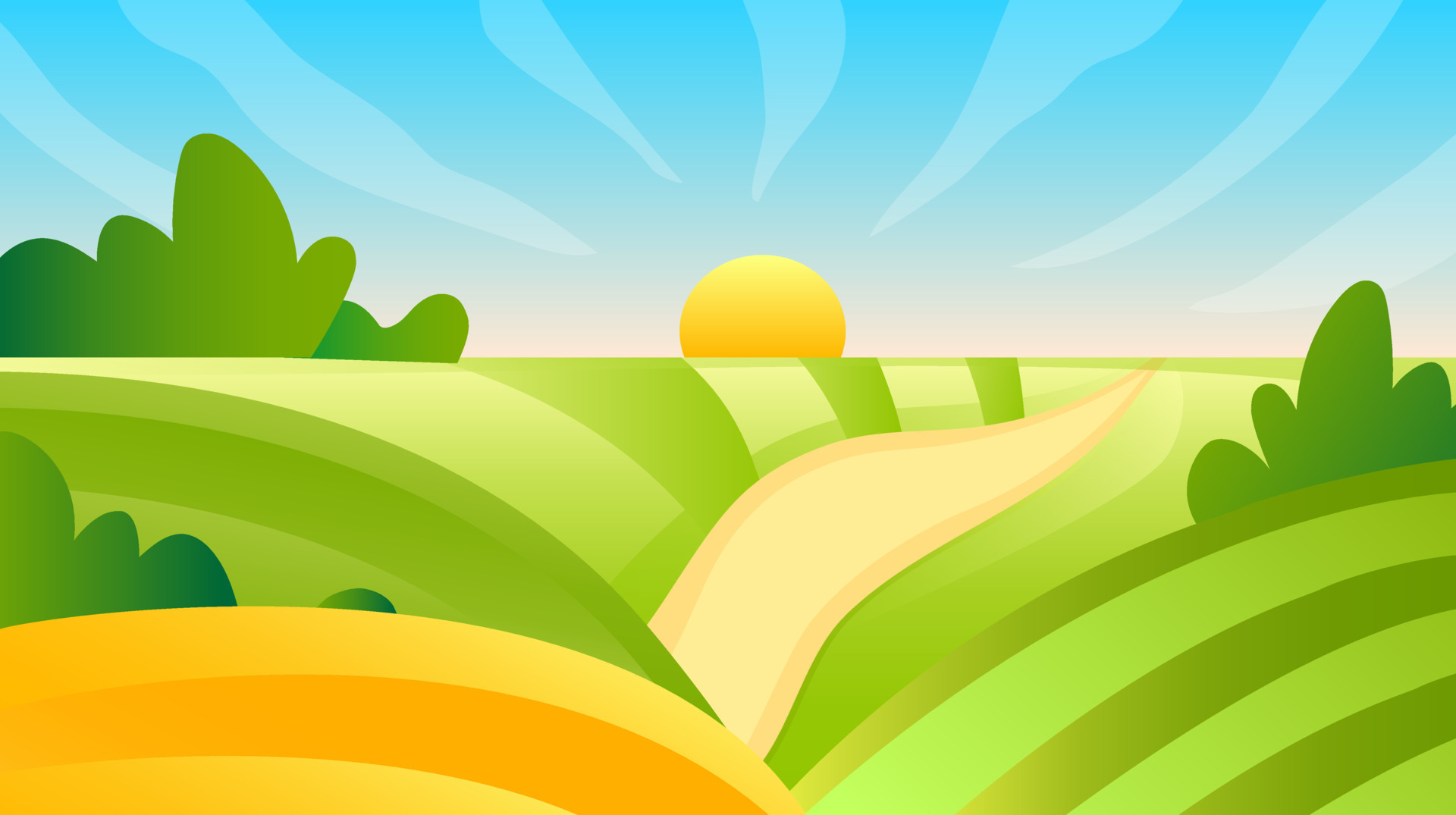Rural landscape vector illustration. Farm agriculture colorful concept.  Horizon view of field, hills, valley. Sunny day summer weather. Sunrise  green meadow outdoor wallpaper. Countryside road scene. 4719605 Vector Art  at Vecteezy