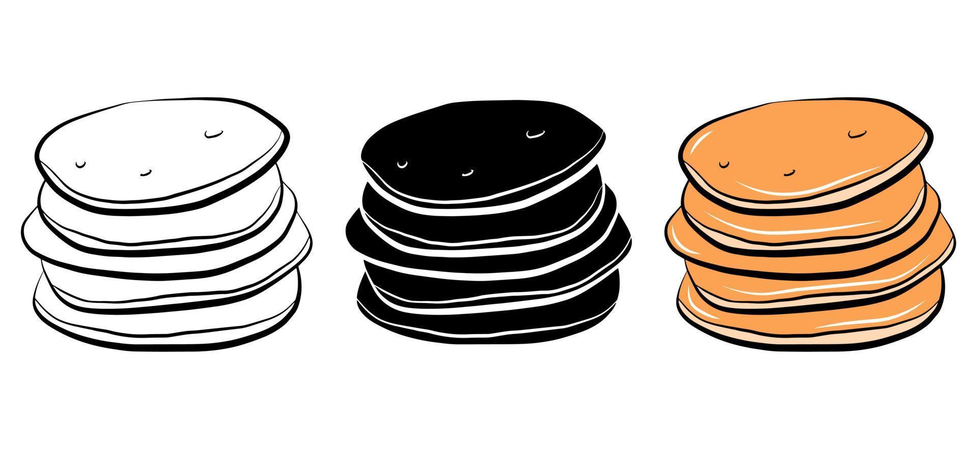 conjunto de iconos aislados de panqueques. Ilustración de dulces vectoriales. elemento de diseño de panadería logo. menú gráfico de alimentos de azúcar. dibujos animados, estilo plano del bosquejo del esquema del dibujo del garabato. impresión monocromática del emblema. desayuno sencillo vector