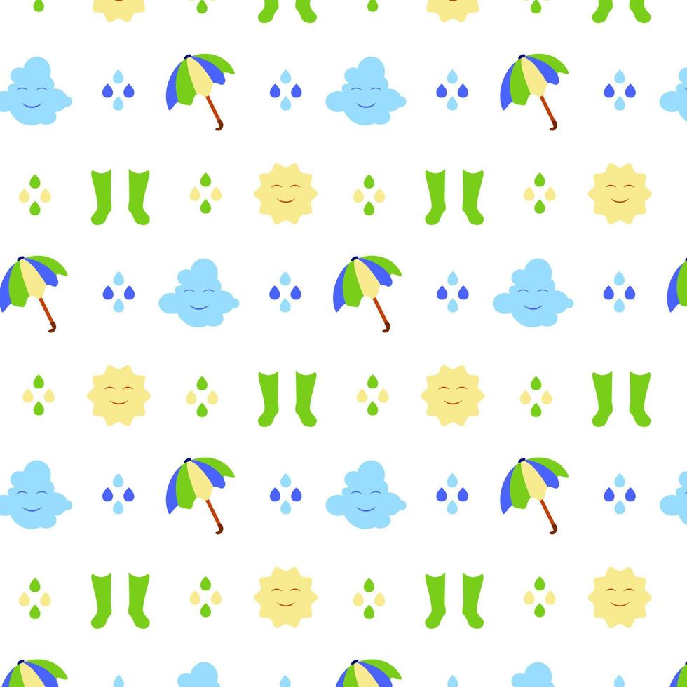 Rain autumn season weather seamless pattern vector background cloud sun umbrella shoes colorful isolated print