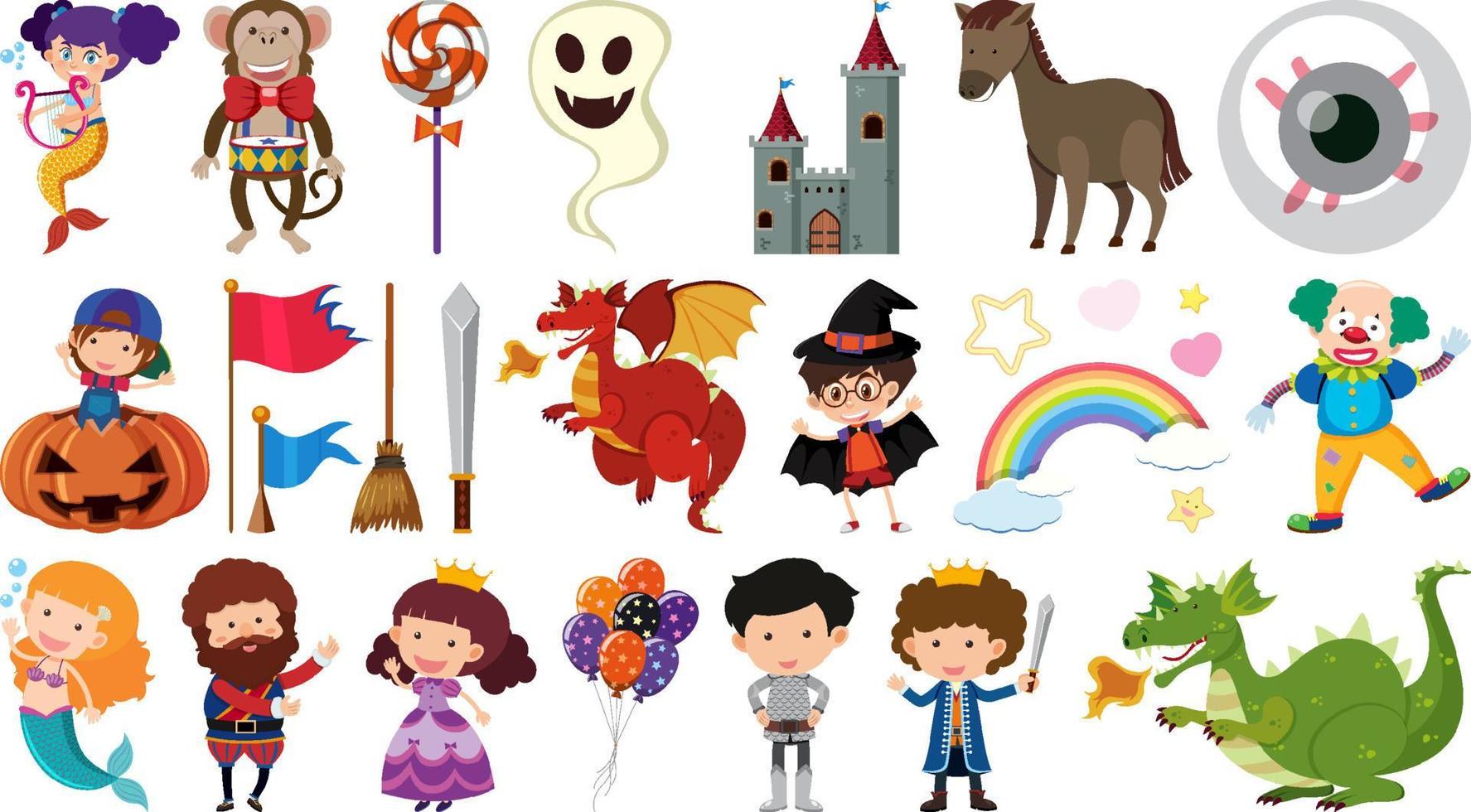 Set of isolated fairytale cartoon characters and objects vector
