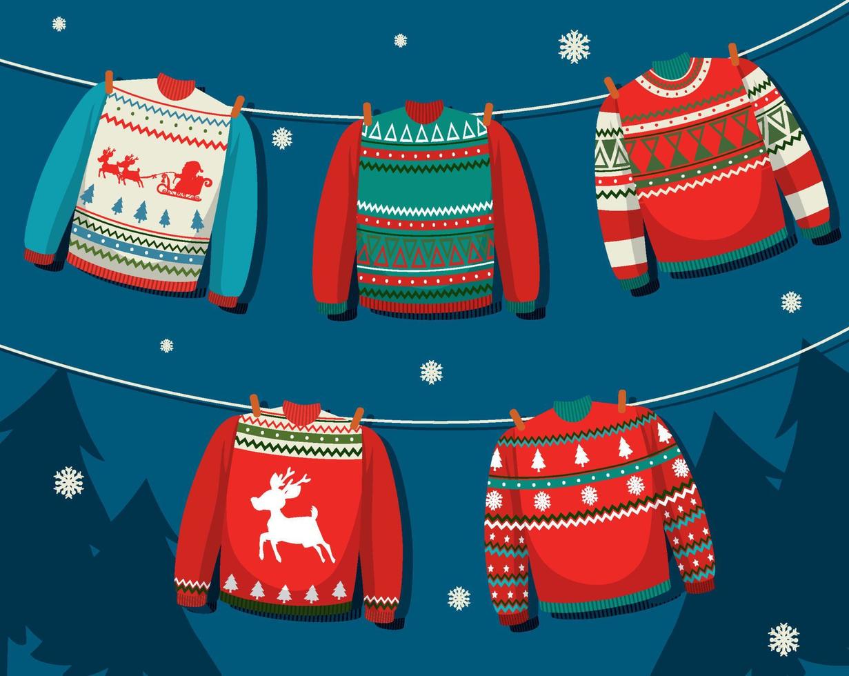 suéteres navideños en estilo de dibujos animados vector