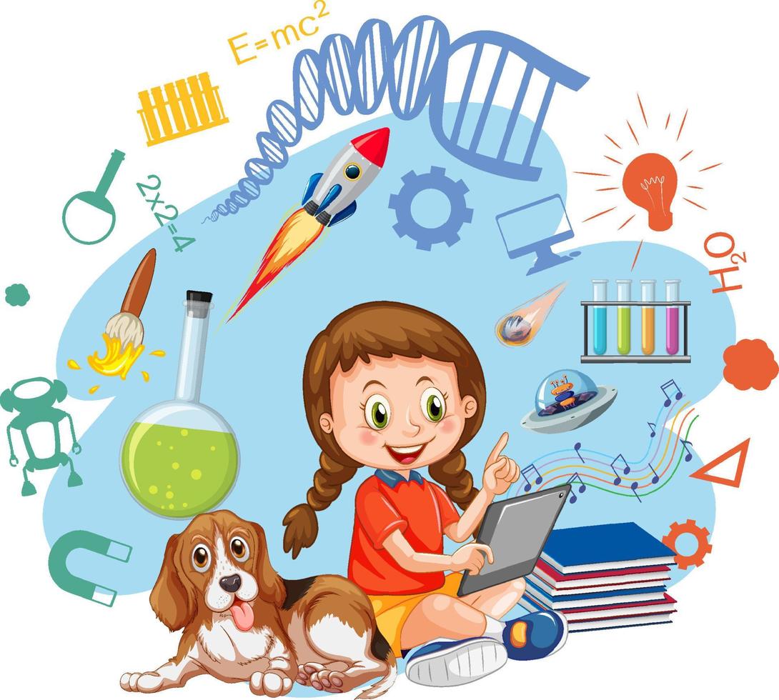 Young girl using tablet with education objects vector