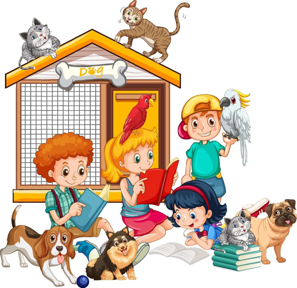 Kids with their dogs and cats on white background vector