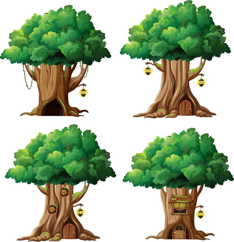 Conjunto de diferentes casas en los árboles de fantasía dentro del tronco del árbol vector