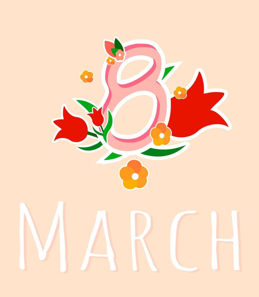 tarjeta de felicitación 8 de marzo día internacional de la mujer fondo rosa frase de letras dibujadas a mano vector