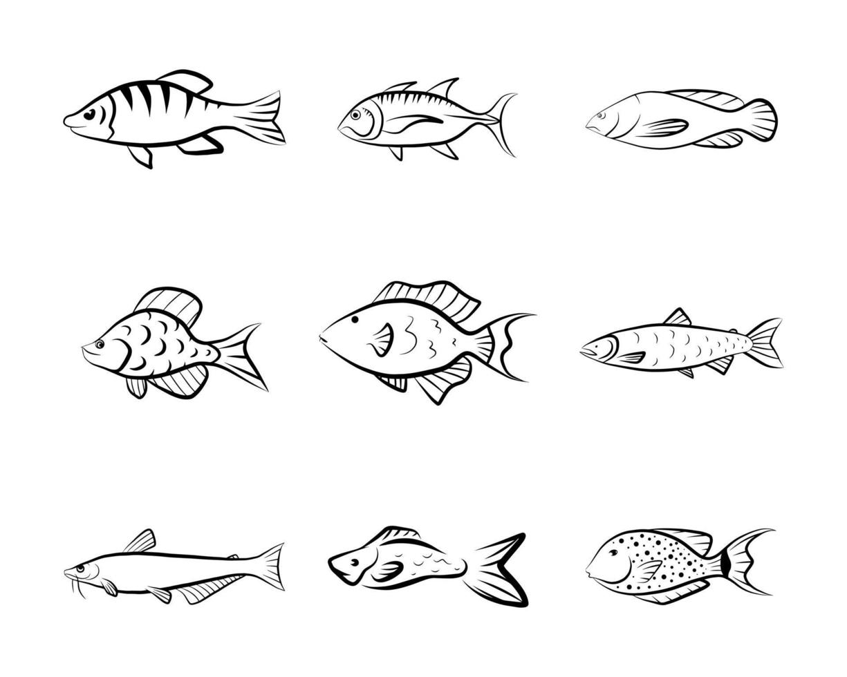 Doodle fish icon set vector