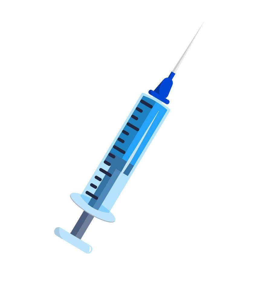 Blue syringe icon isolated on white flat colorful cartoon illustration object medical equipment health care instrument needle injection vector