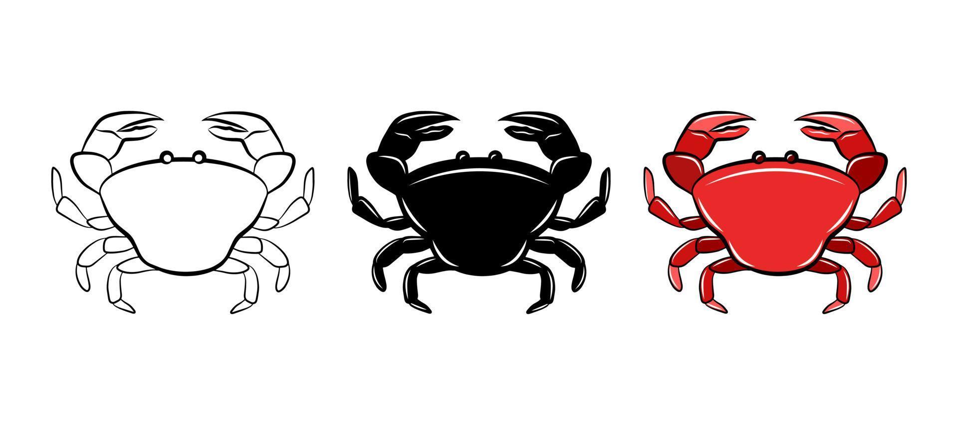 Crab vector icon set. Isolated graphic logo design element. Ocean shellfish crustacean. Aquatic sea wildlife animal. Doodle monochrome drawing template. Outline sketch sticker. Colouring page for kids