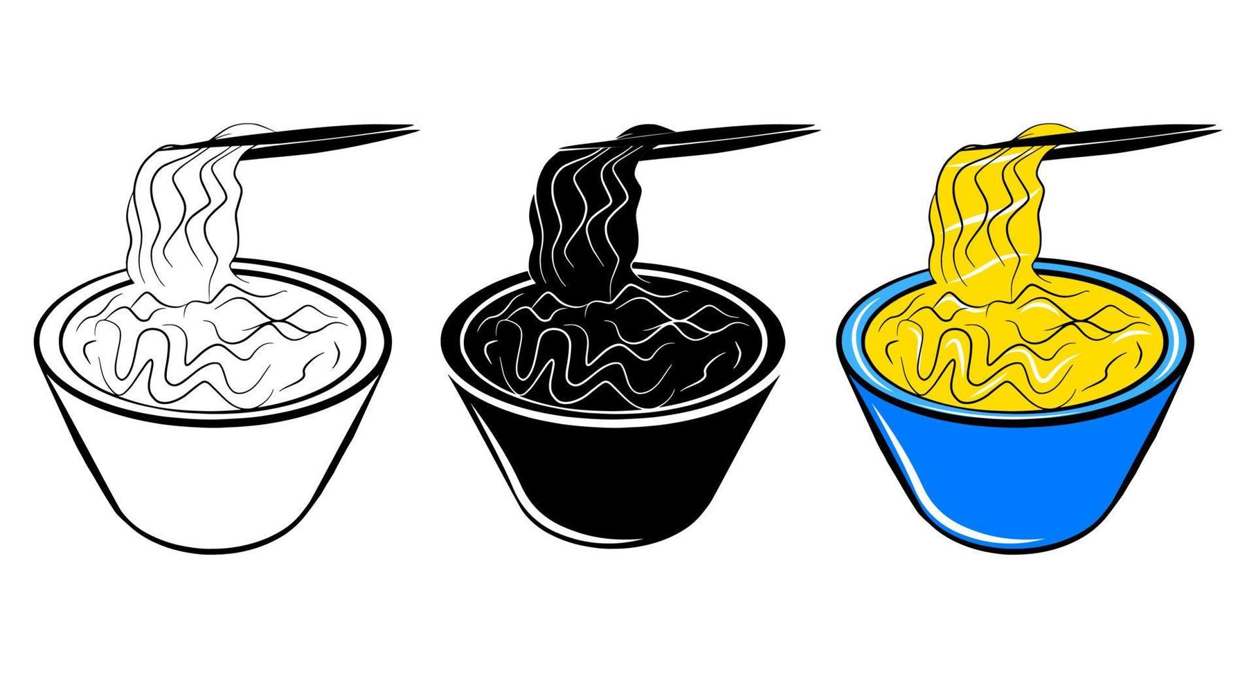 icono de vector aislado de sopa de fideos. Conjunto de bocetos de contorno de dibujos animados de comida rápida. elemento de diseño de logotipo de paquete. comida callejera poco saludable. impresión de comida sabrosa. plantilla de emblema simple. símbolo gráfico de menú monocromo.