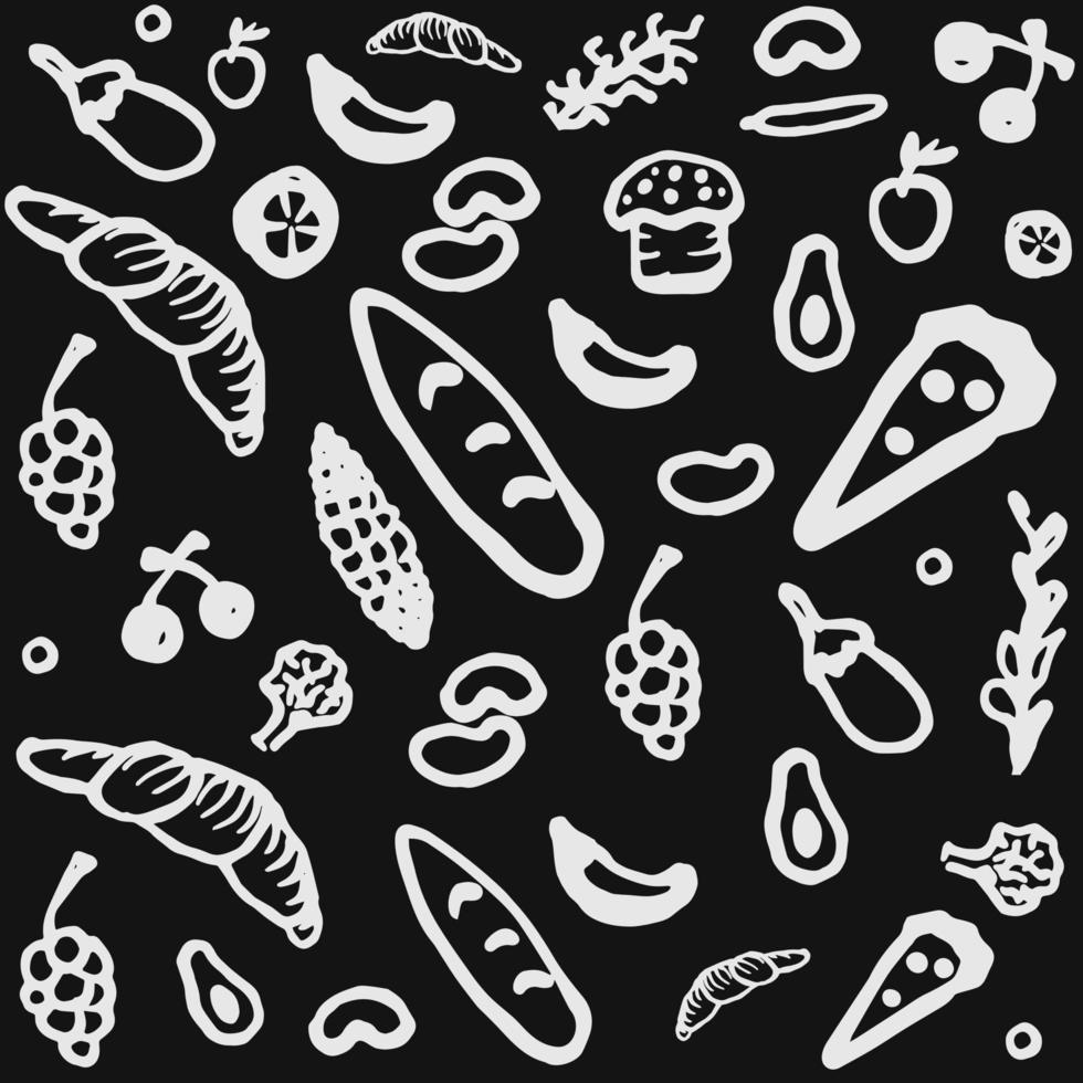 patrones sin fisuras vector fondo pizarra negra blanco aislado conjunto de iconos verduras comida cocina menú cafe restaurante