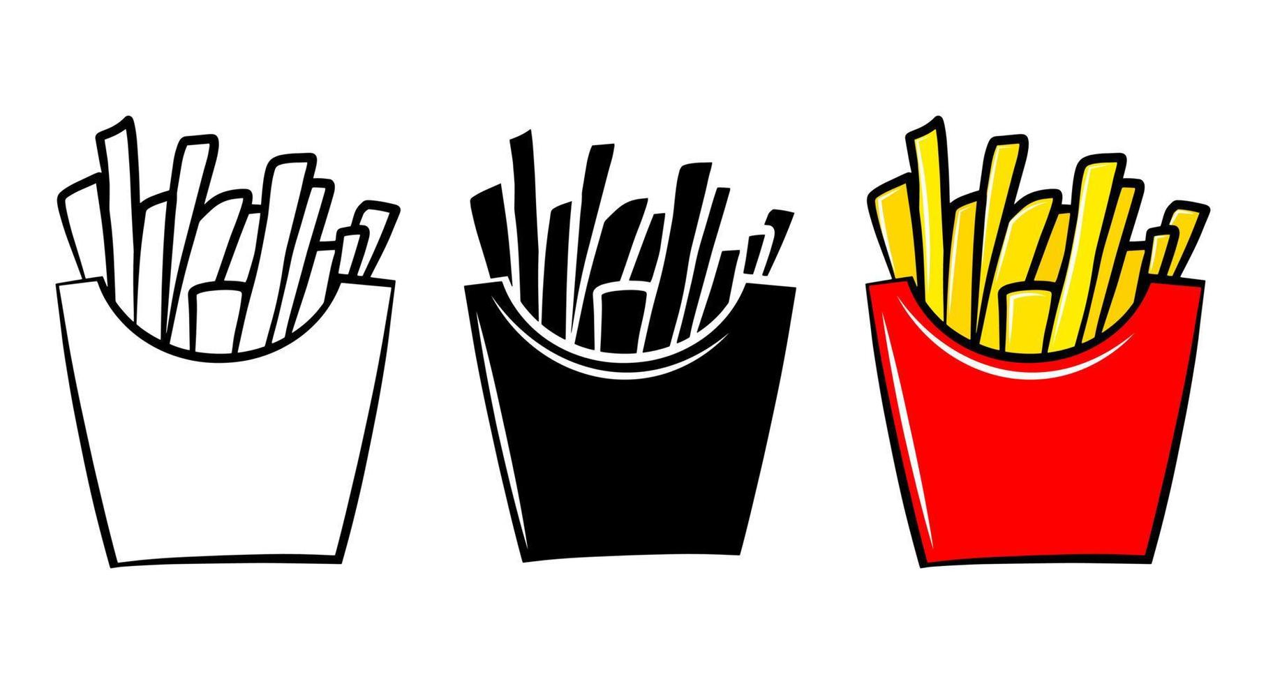 Icono de vector aislado de papas fritas. Conjunto de bocetos de contorno de dibujos animados de comida rápida. elemento de diseño de logotipo de paquete. comida callejera poco saludable. impresión de comida sabrosa. plantilla de emblema simple. símbolo gráfico de menú monocromo.