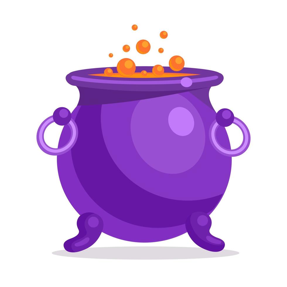 The Witch's Iron Cauldron with bubbling orange liquid. Magic potion and witchcraft. Halloween holiday element. Vector illustration