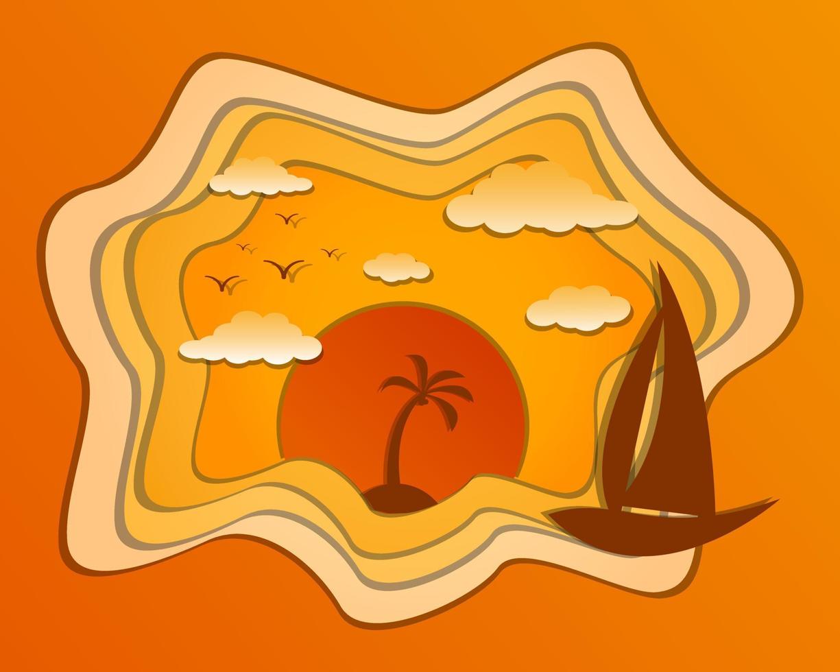 puesta de sol con cocotero por estilo de corte de papel vector